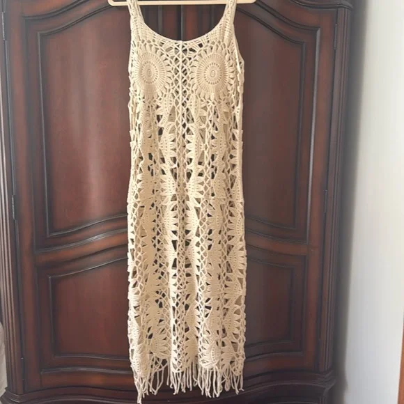 Zara | Dresses | Zara Crochet Beach Dress Cover Up Fringe Open Knit Midi  Vacation Boho Tan | Poshmark